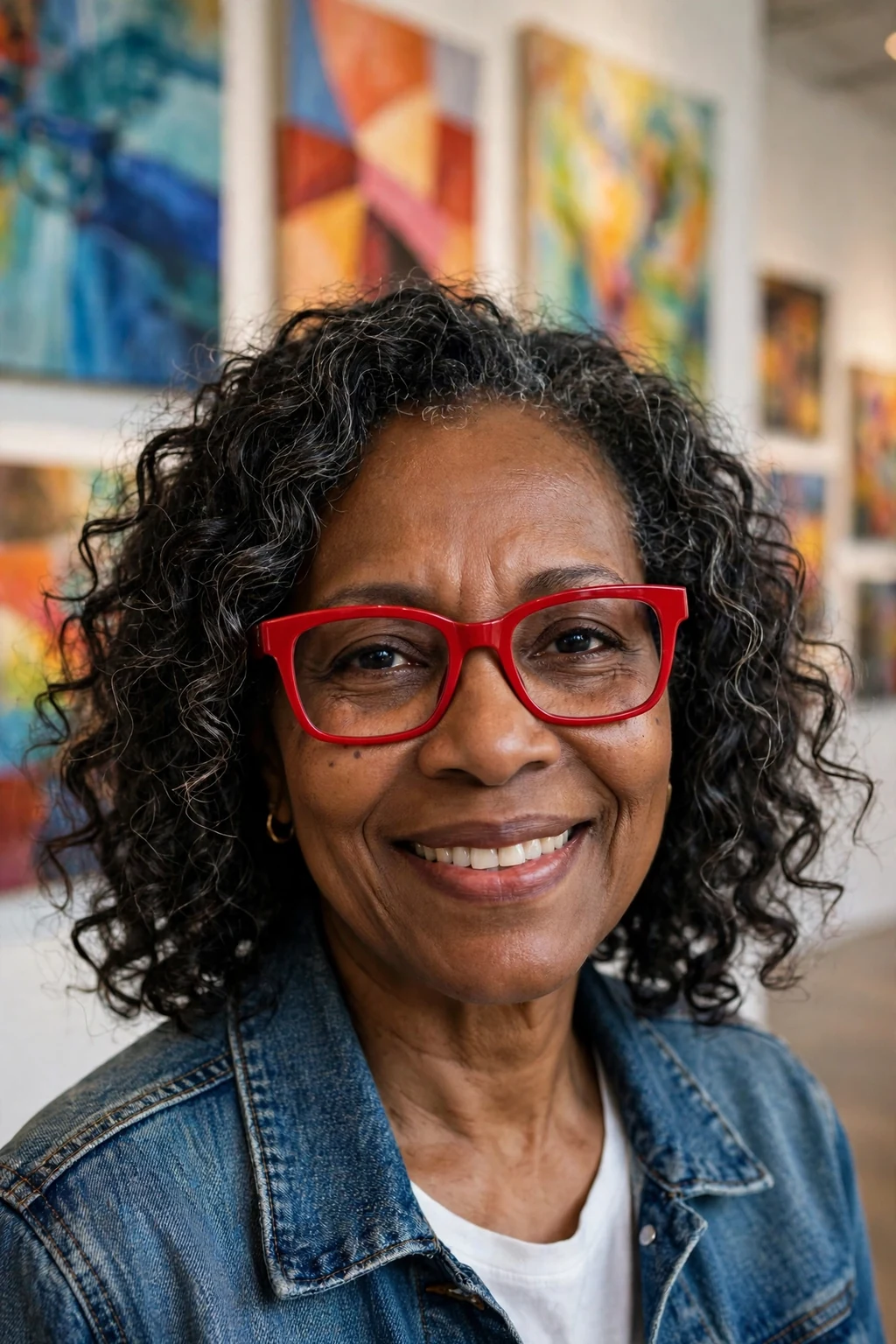 Elegant older woman with fine hair and glasses and curly medium cut, soft joyful curls, bright light.