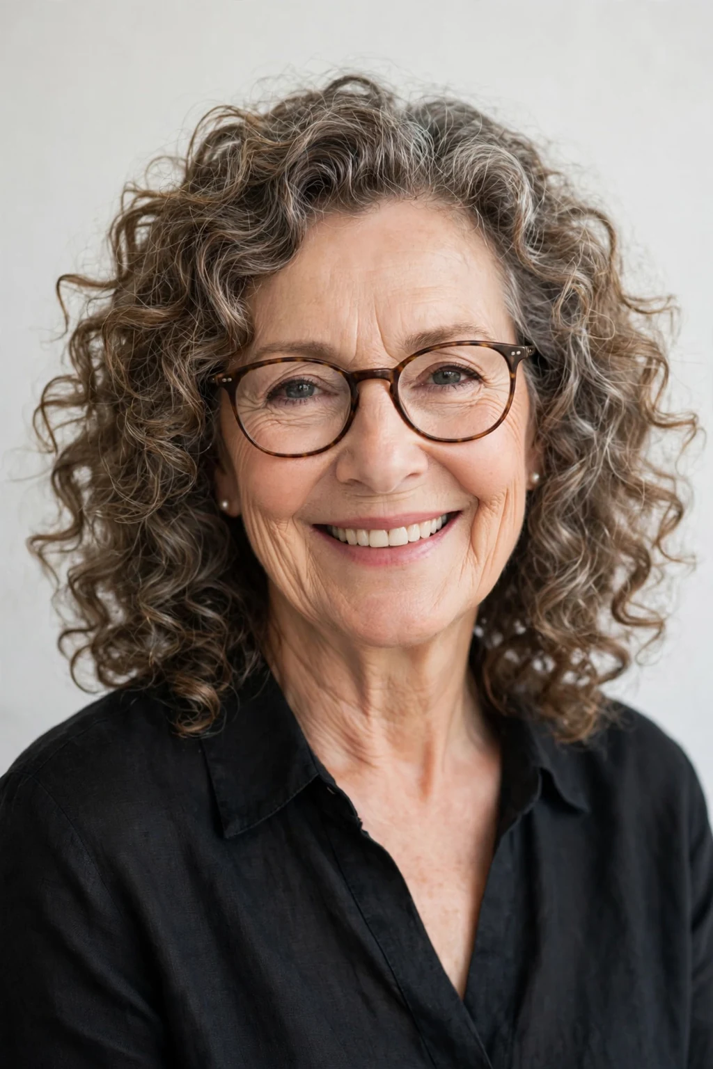 Elegant older woman with glasses and curly medium cut, soft joyful curls, bright light.