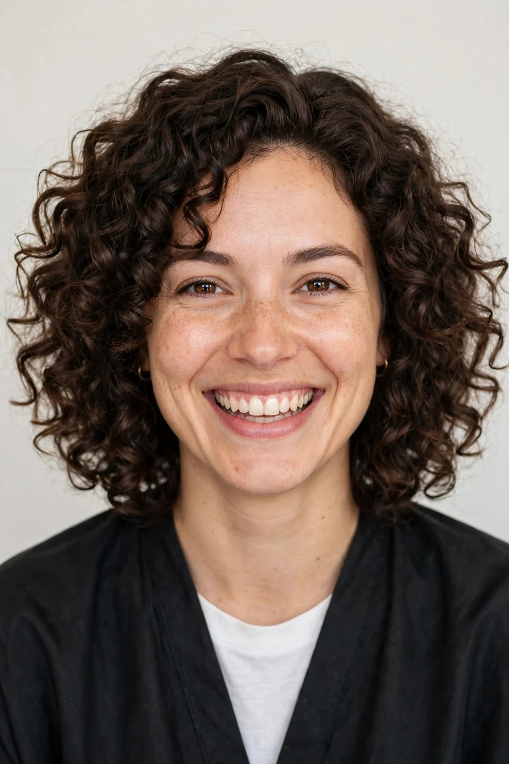 Woman with curly medium cut, bouncy defined curls, joyful bright light.