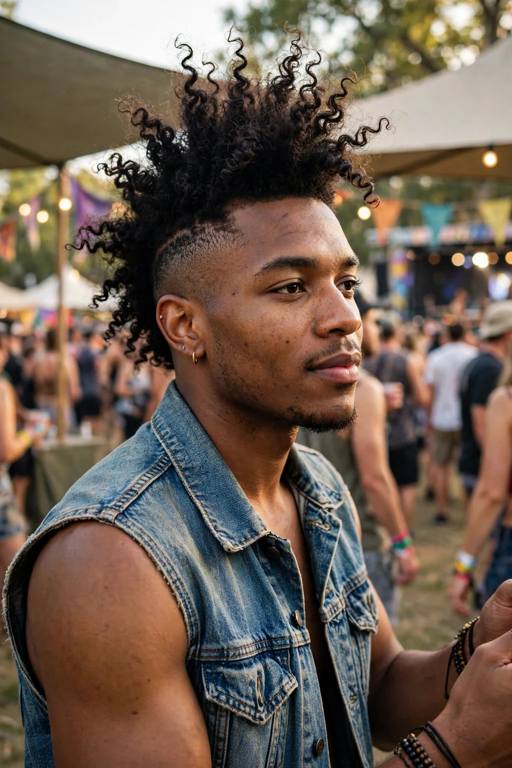A man with a curly mohawk, a bold strip of tall curls with shaved sides.