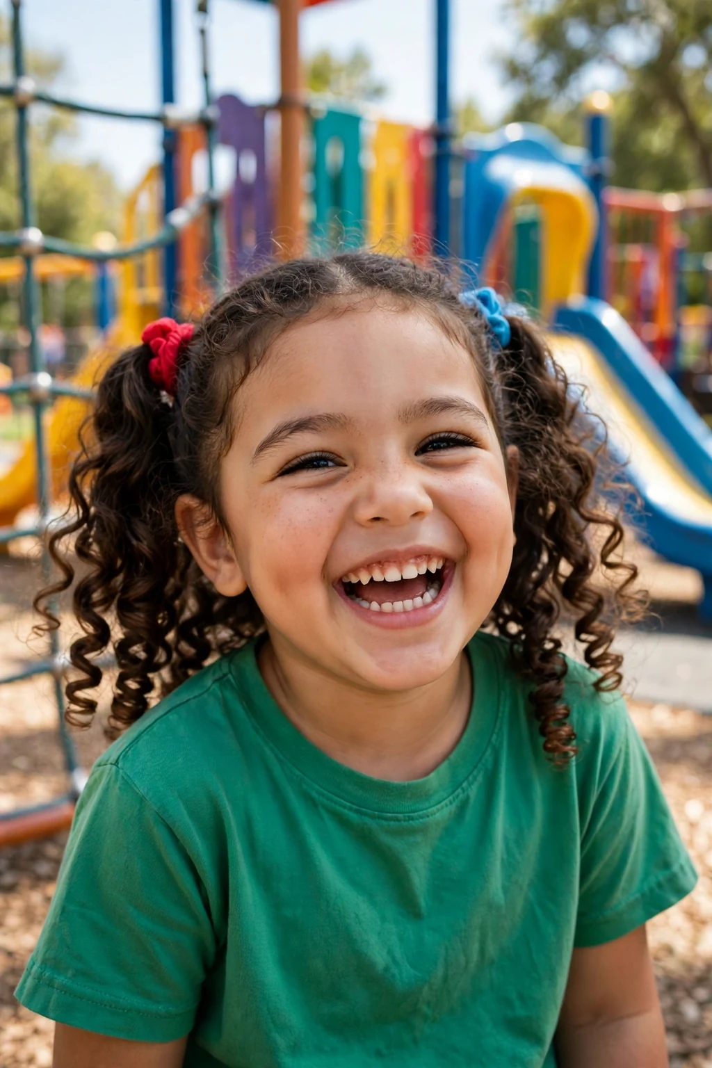 A giggling 5-year-old mixed-heritage girl with curly pigtails tied with colorful bands, wearing a green t-shirt on a playground.