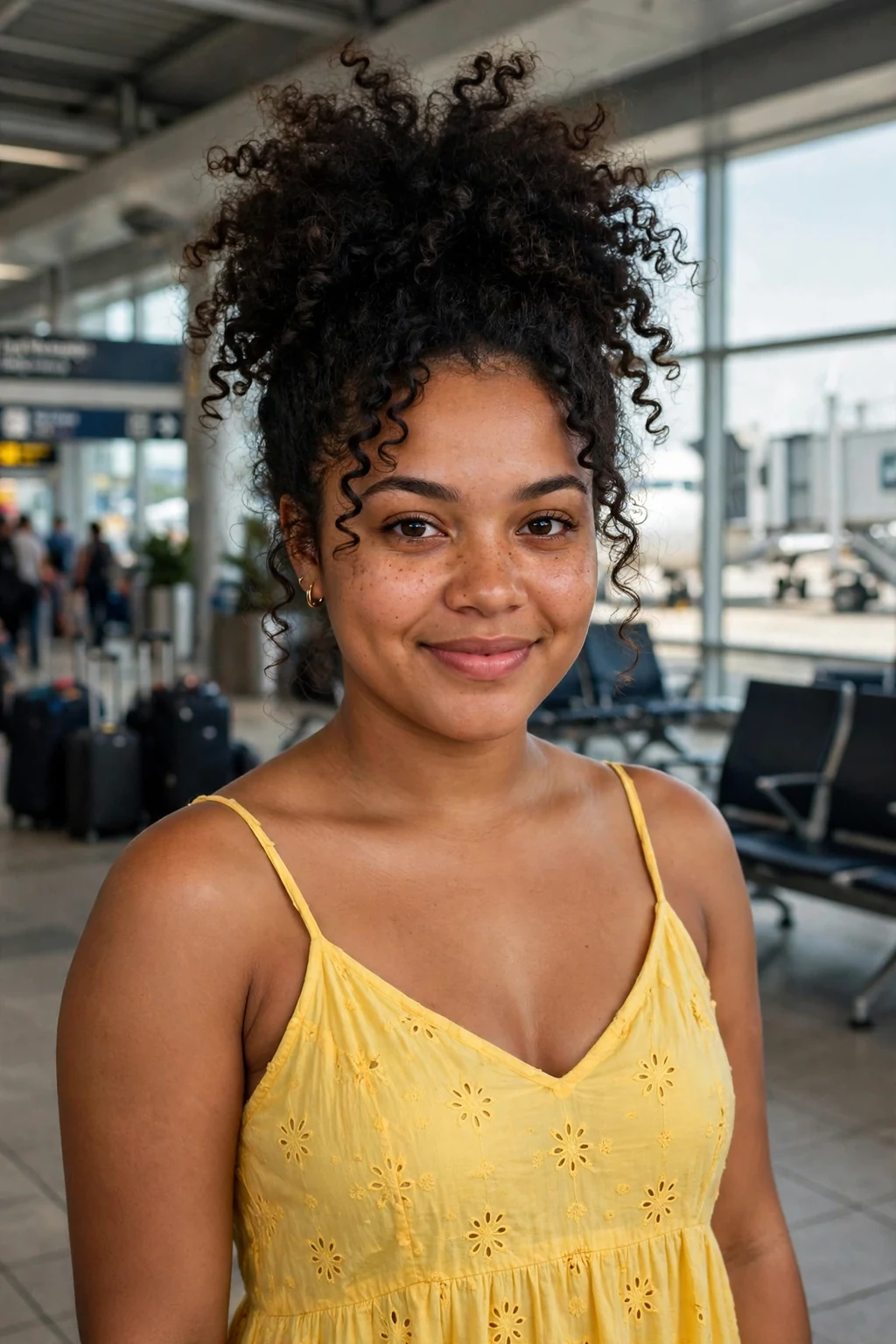 Young woman with a curly pineapple updo hairstyle at an airport, wearing a yellow sundress.