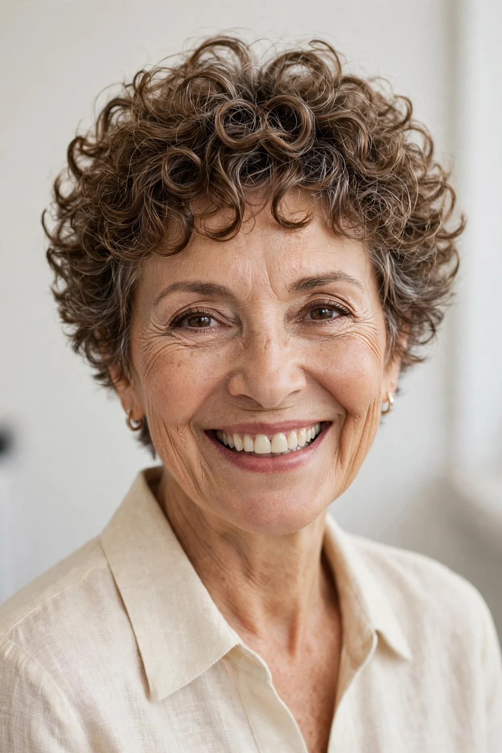 Elegant woman over 50 with curly pixie, bouncy joyful curls, bright light.