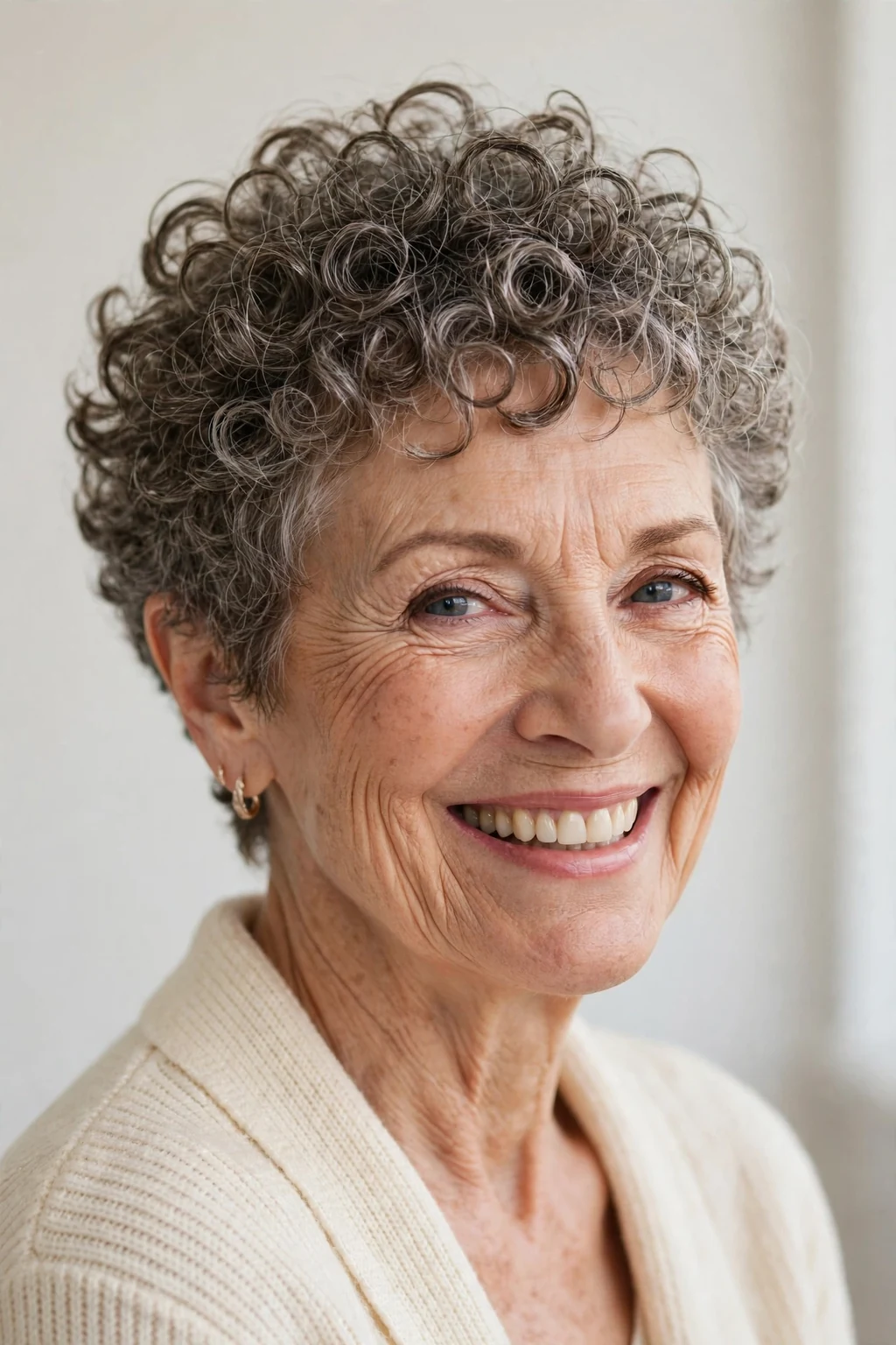 Elegant woman over 60 with curly pixie, bouncy defined curls, joyful light.