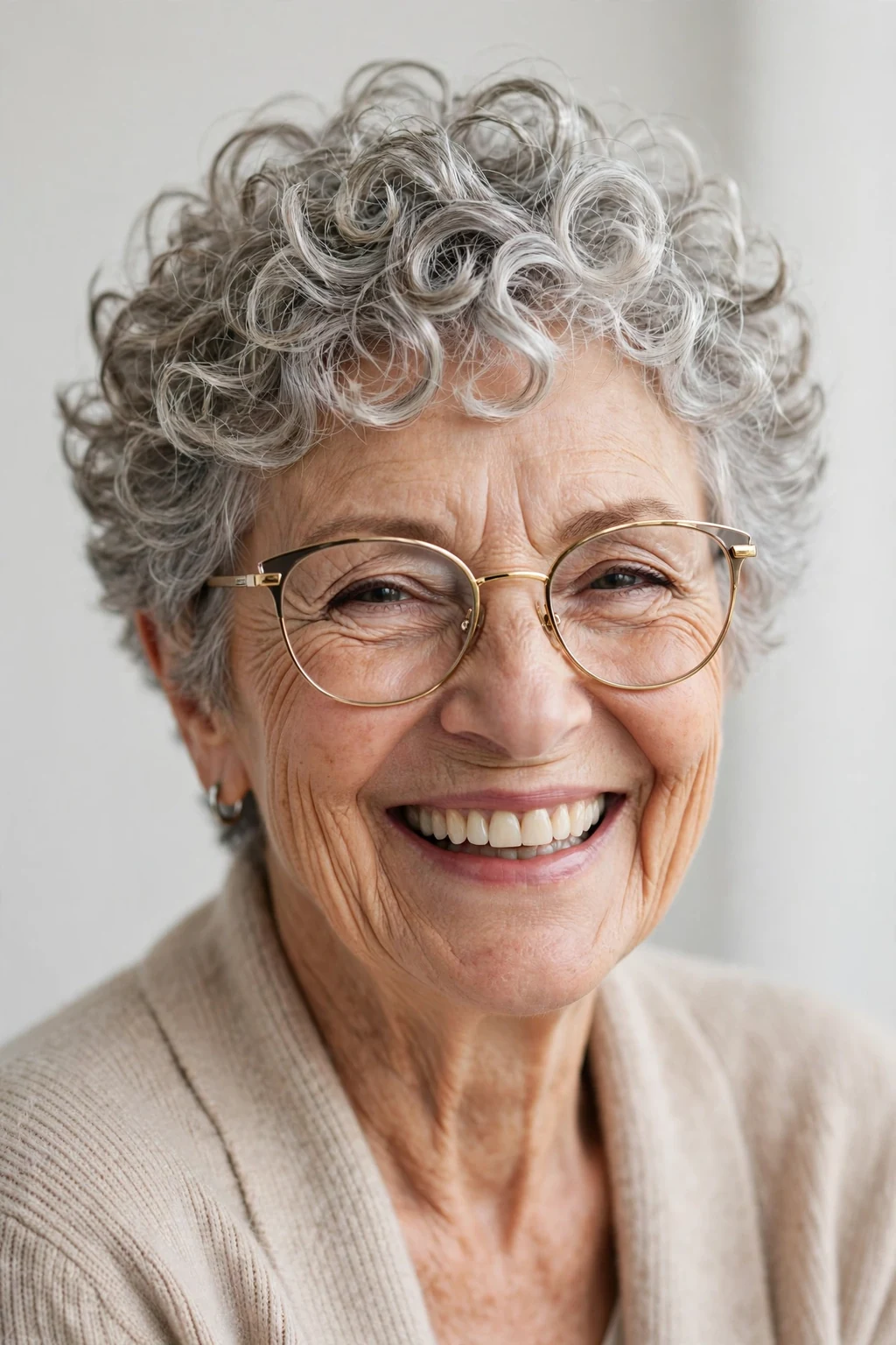 Elegant woman over 70 with glasses and curly pixie, bouncy joyful curls, bright light.