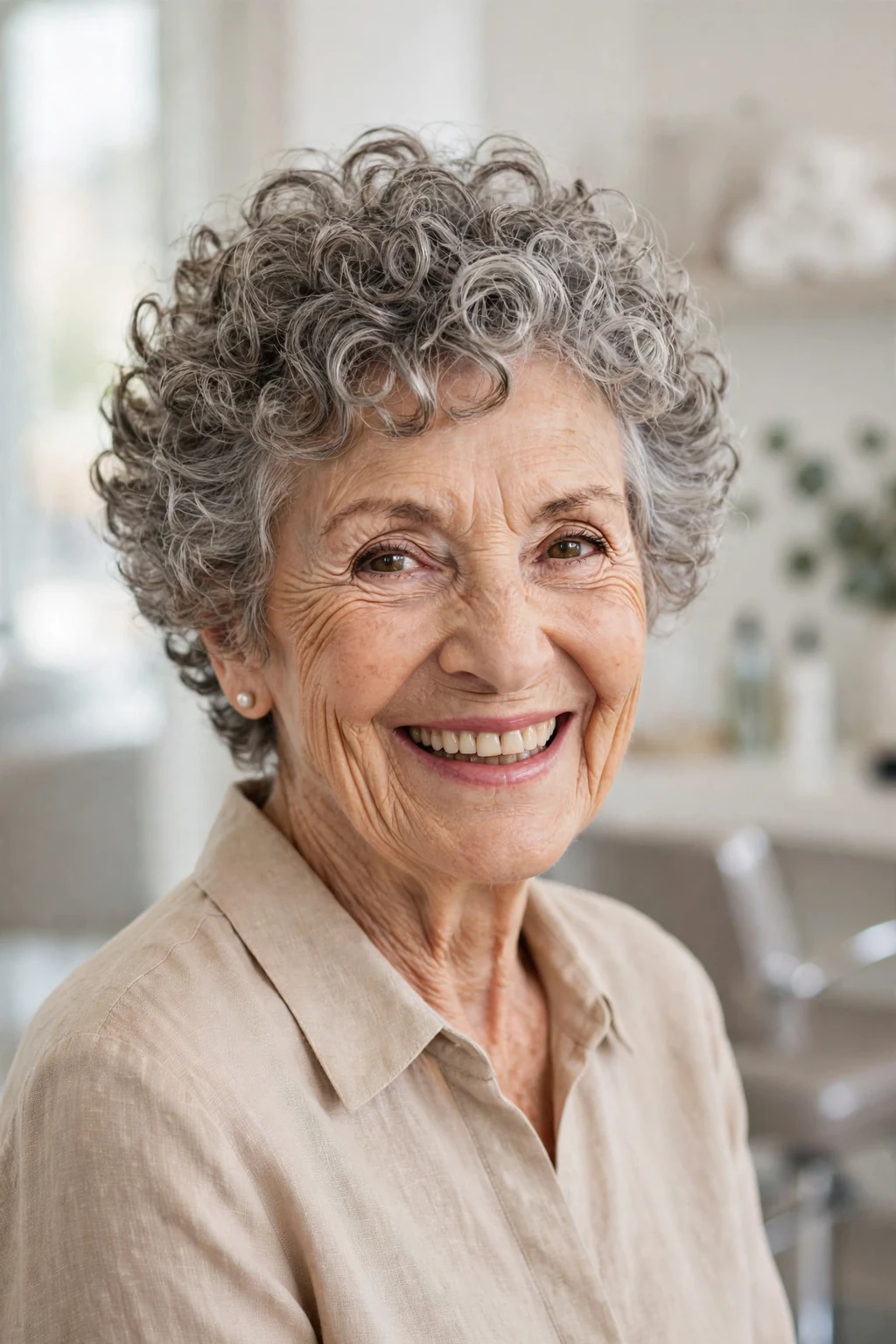 Elegant woman over 70 with curly pixie, bouncy joyful curls, bright light.