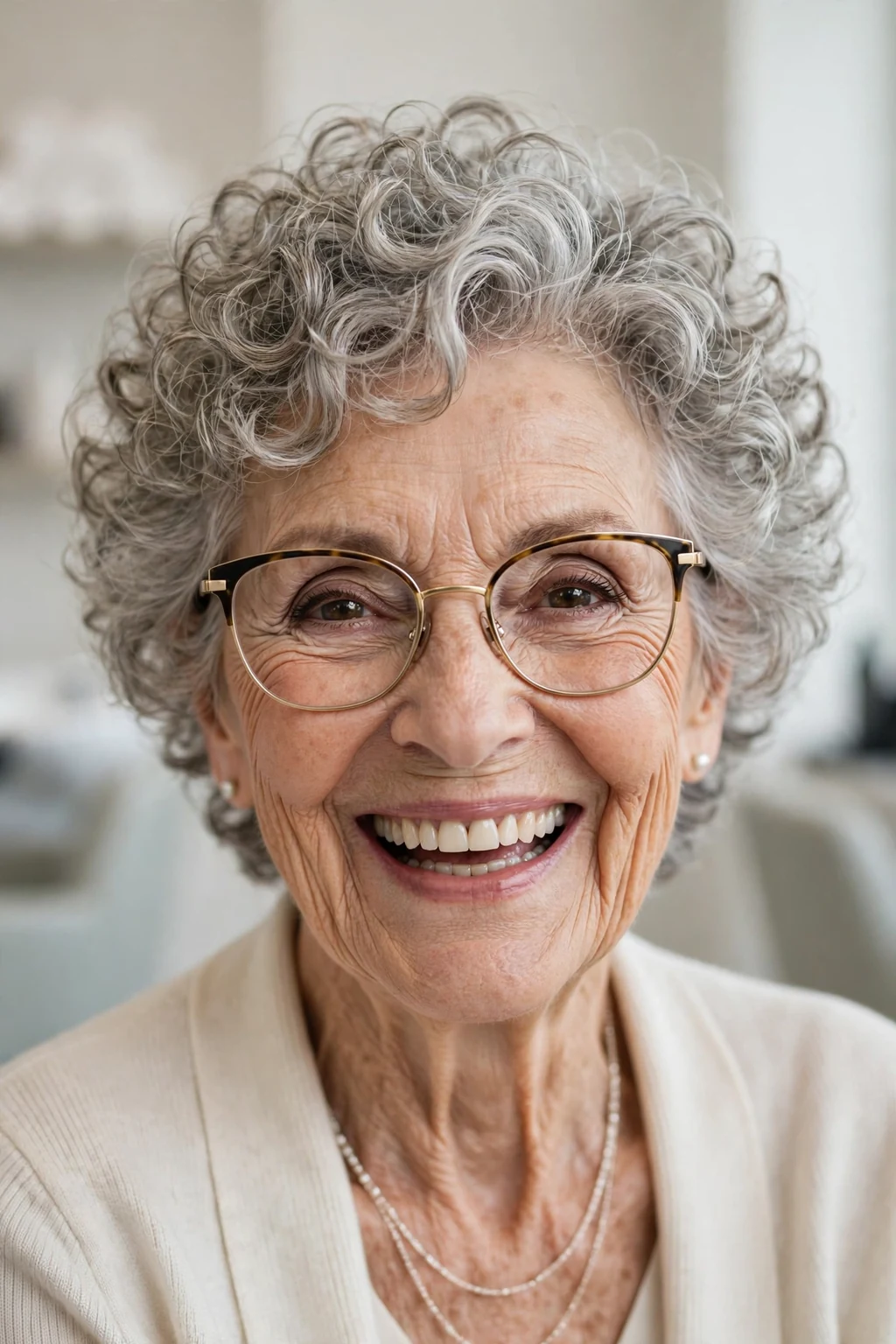 Elegant woman over 80 with glasses and curly pixie, bouncy joyful curls, bright light.