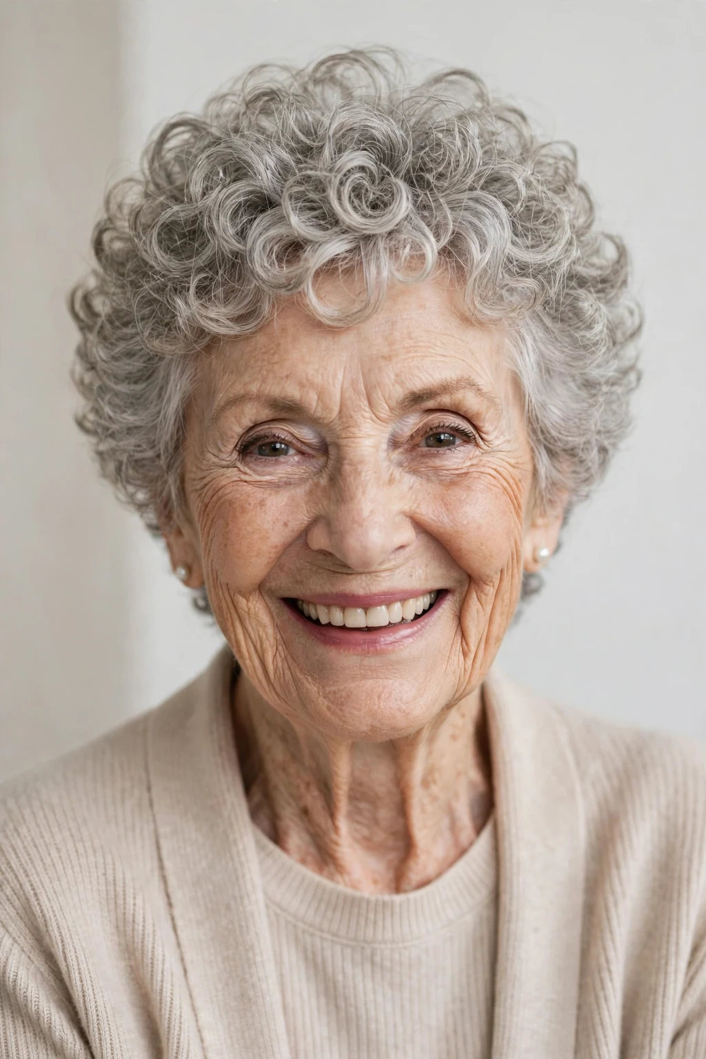 Elegant woman over 80 with curly pixie, bouncy joyful curls, bright light.