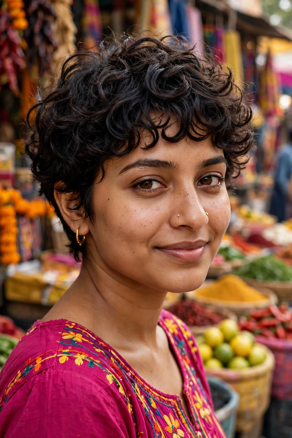 Beautiful woman with curly pixie bangs, bouncy curly pixie bangs, vibrant light.