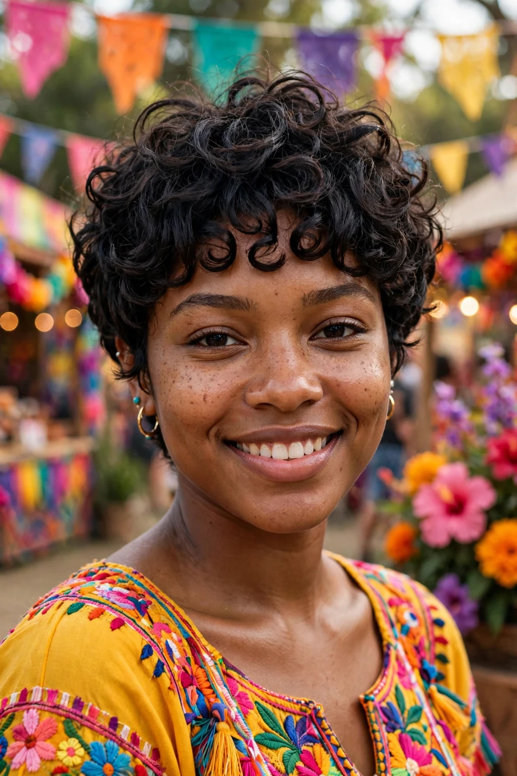 Beautiful woman with curly pixie bangs, bouncy curly pixie bangs, vibrant light.