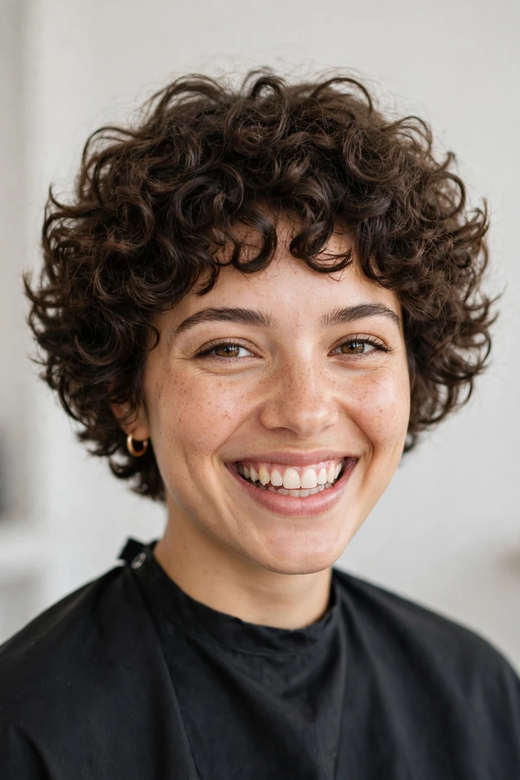 Woman with curly pixie bob, bouncy curls in short cut, joyful bright light.