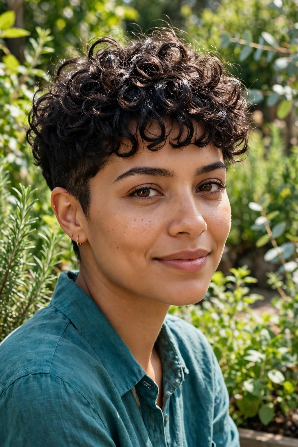 Young woman with a curly pixie cut, defined springy curls on top, in a sunny garden.
