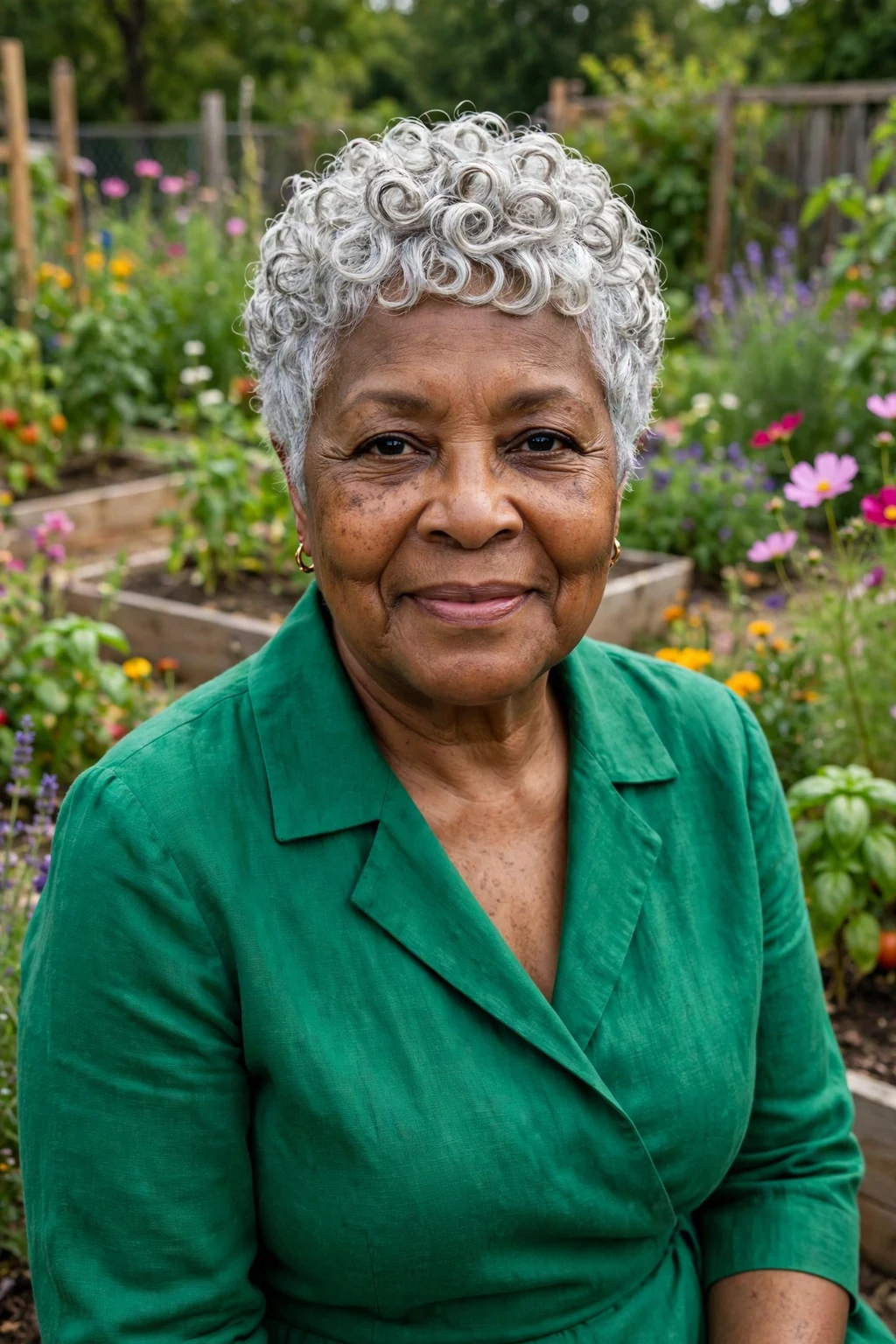 Mature woman with a curly pixie cut short haircut for fine hair, styled with soft volume.