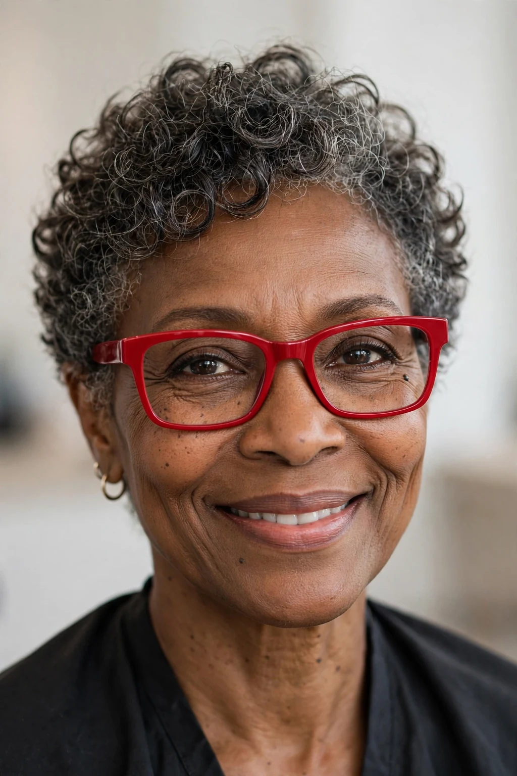 Elegant woman over 50 with fine hair and glasses and curly pixie, soft joyful curls, bright light.