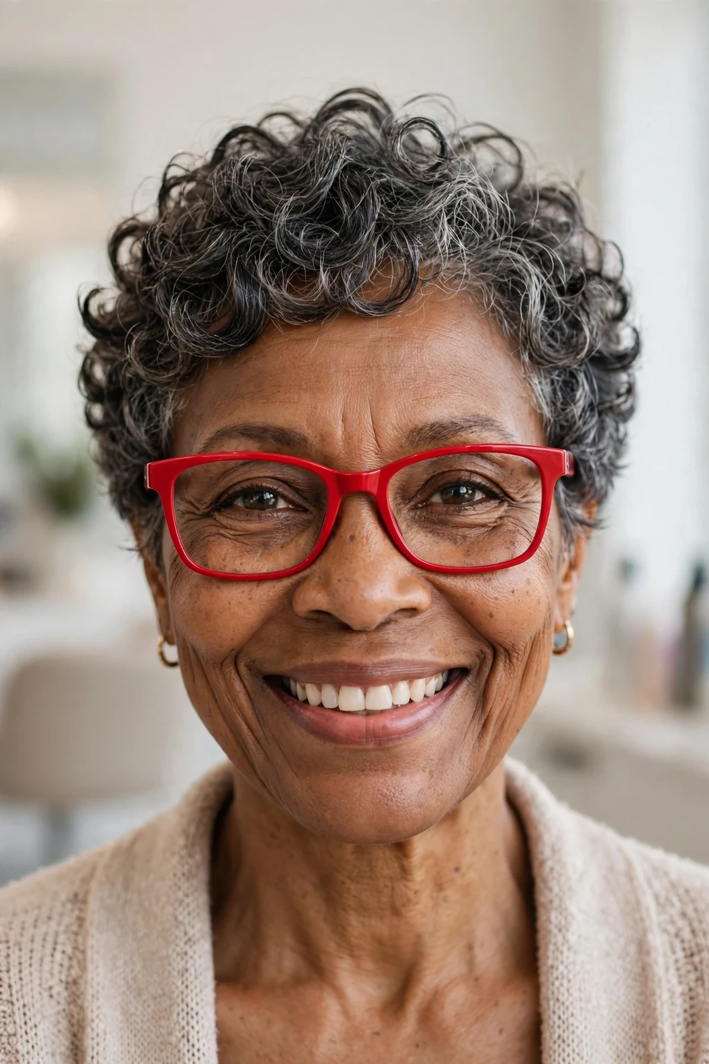 Elegant older woman with fine hair and glasses and curly pixie, soft joyful curls, bright light.