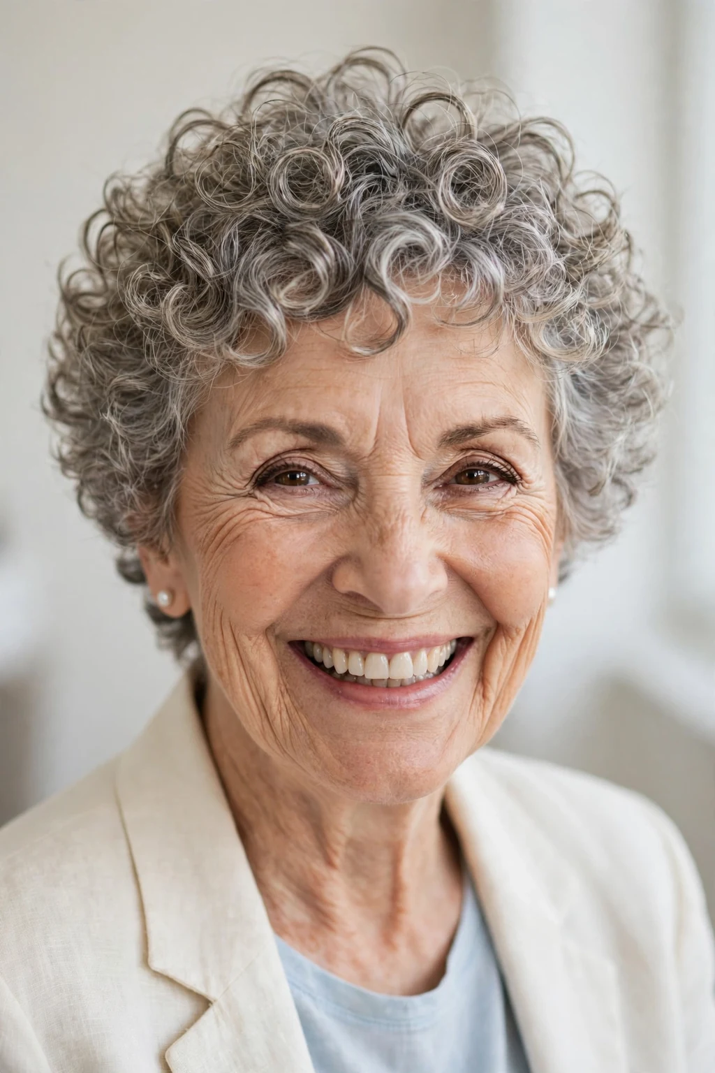 Elegant older woman with curly pixie, bouncy joyful curls, bright light.