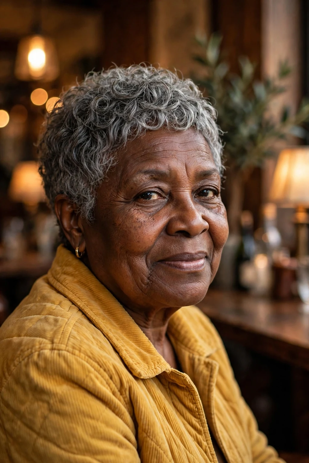 A Black woman in her mid sixties with a curly pixie haircut, wearing a mustard jacket in a jazz cafe.