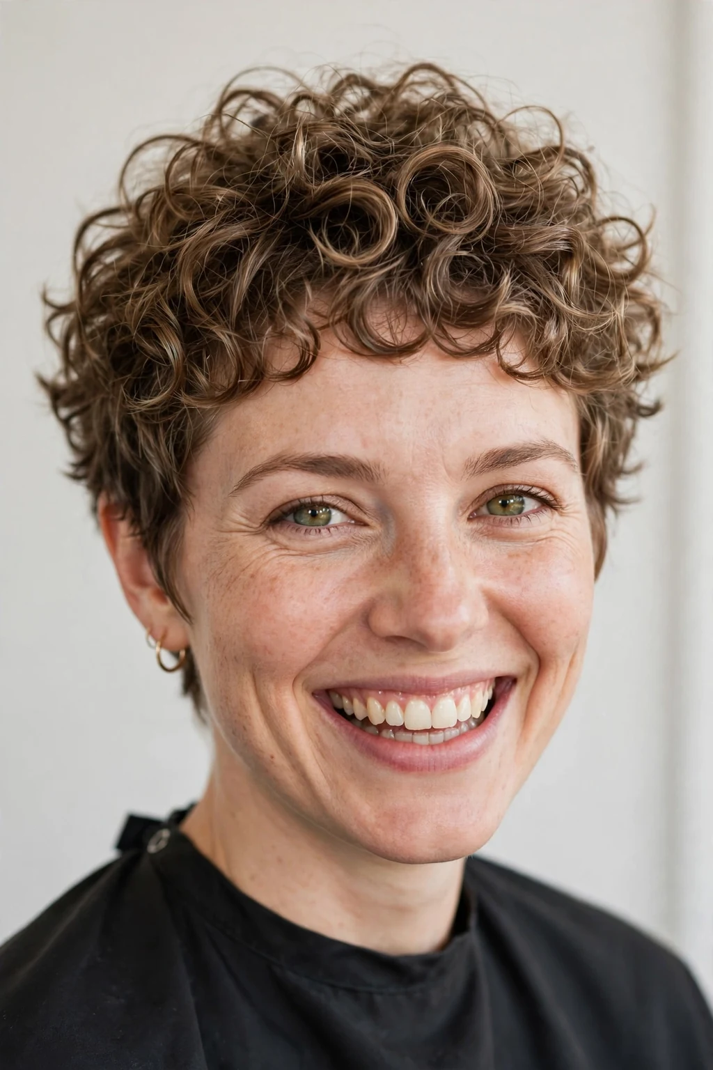 Woman with curly pixie for fine curls, bouncy defined short curls, joyful light.