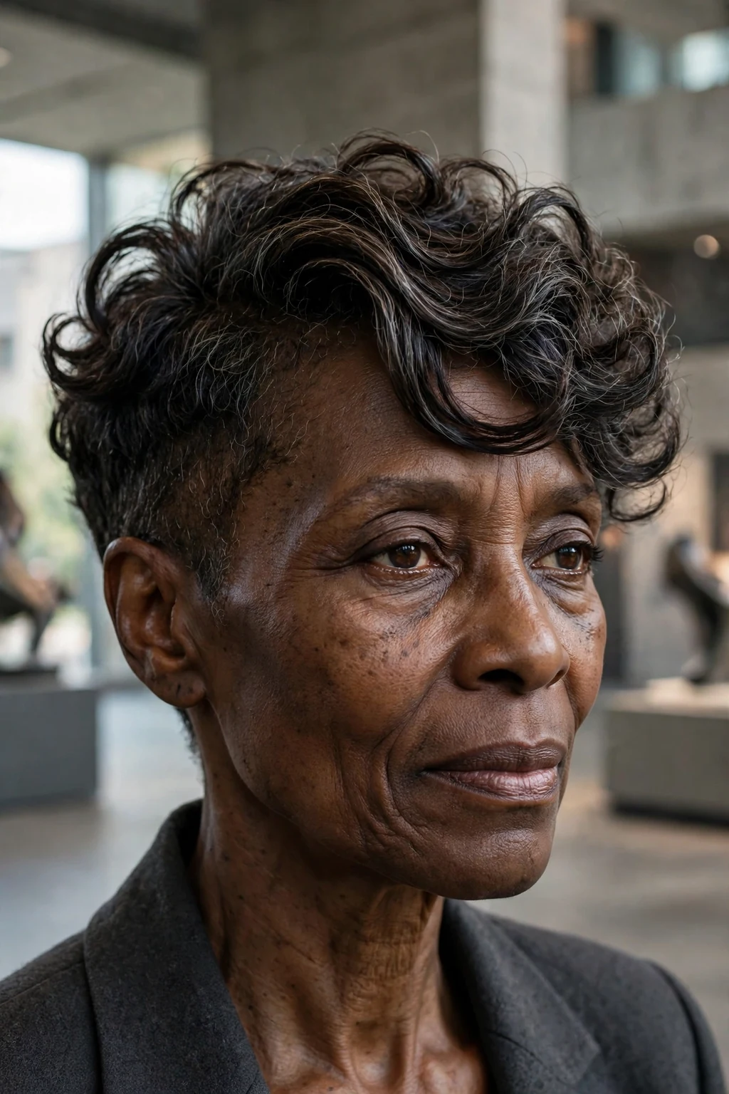 A woman in her late 60s with a curly pixie and long textured top, wearing a charcoal jacket in a modern museum.
