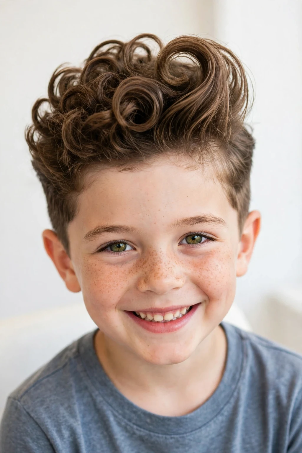 Charming boy with curly pompadour, curls swept up with volume at the front, neat sides.
