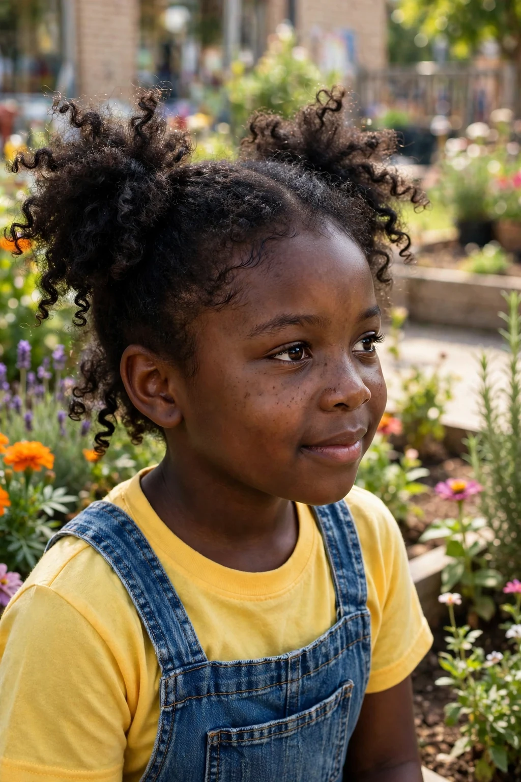 A schoolgirl with a curly puff ponytail and a yellow top in a school garden.