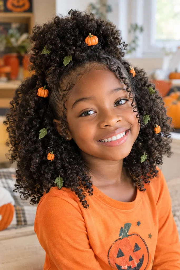 Curly pumpkin Halloween hairstyle for kids with natural texture