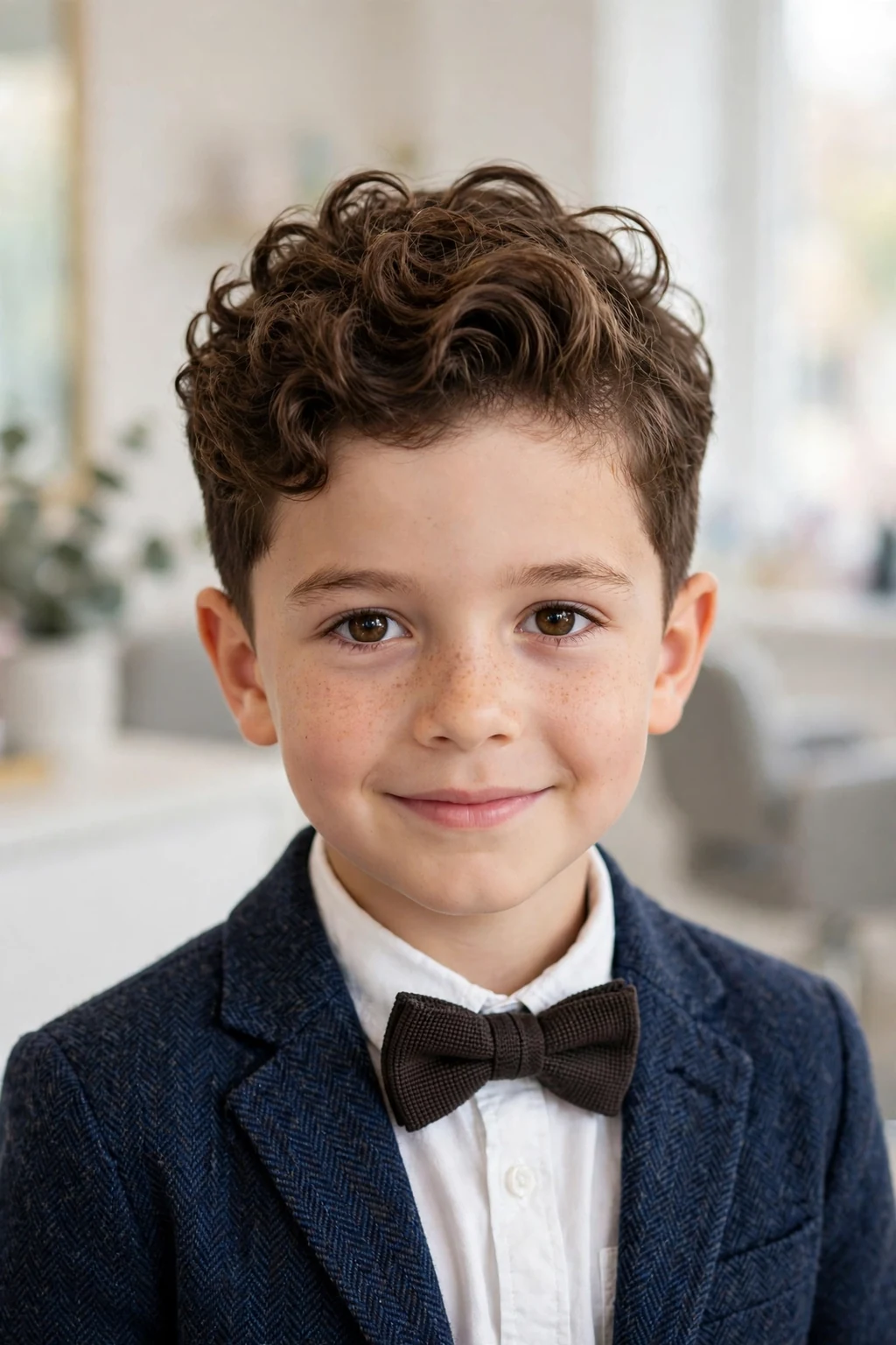 Dapper boy with a curly quiff, curls swept up at the front, neat sides, bright soft light.