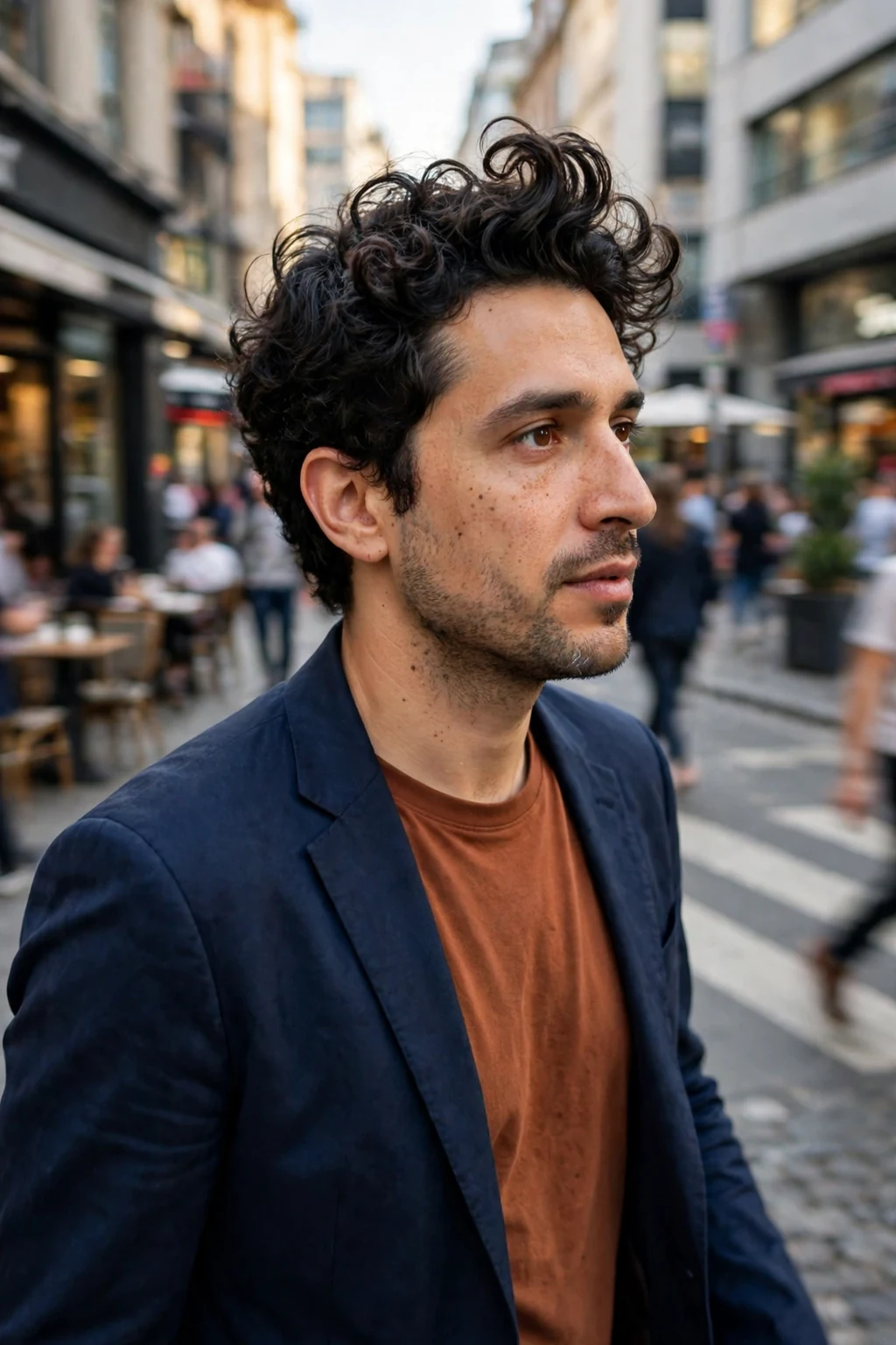 A man with a curly quiff swept up and back, showing voluminous dark curls and tapered sides.