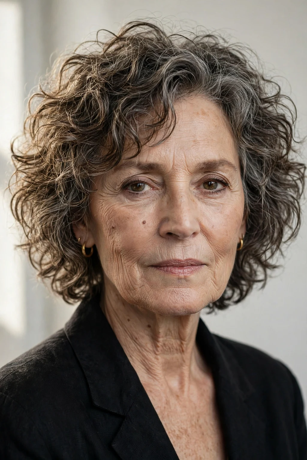Elegant woman over 60 with curly shag, textured lived-in curls, edgy soft light.