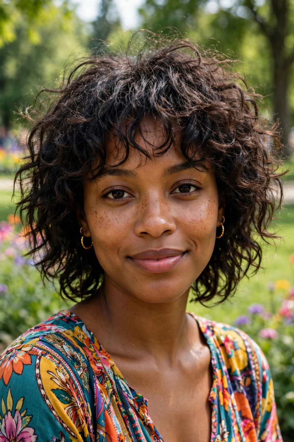 Beautiful woman with fine hair and curly shag, bouncy curly shag, vibrant light.