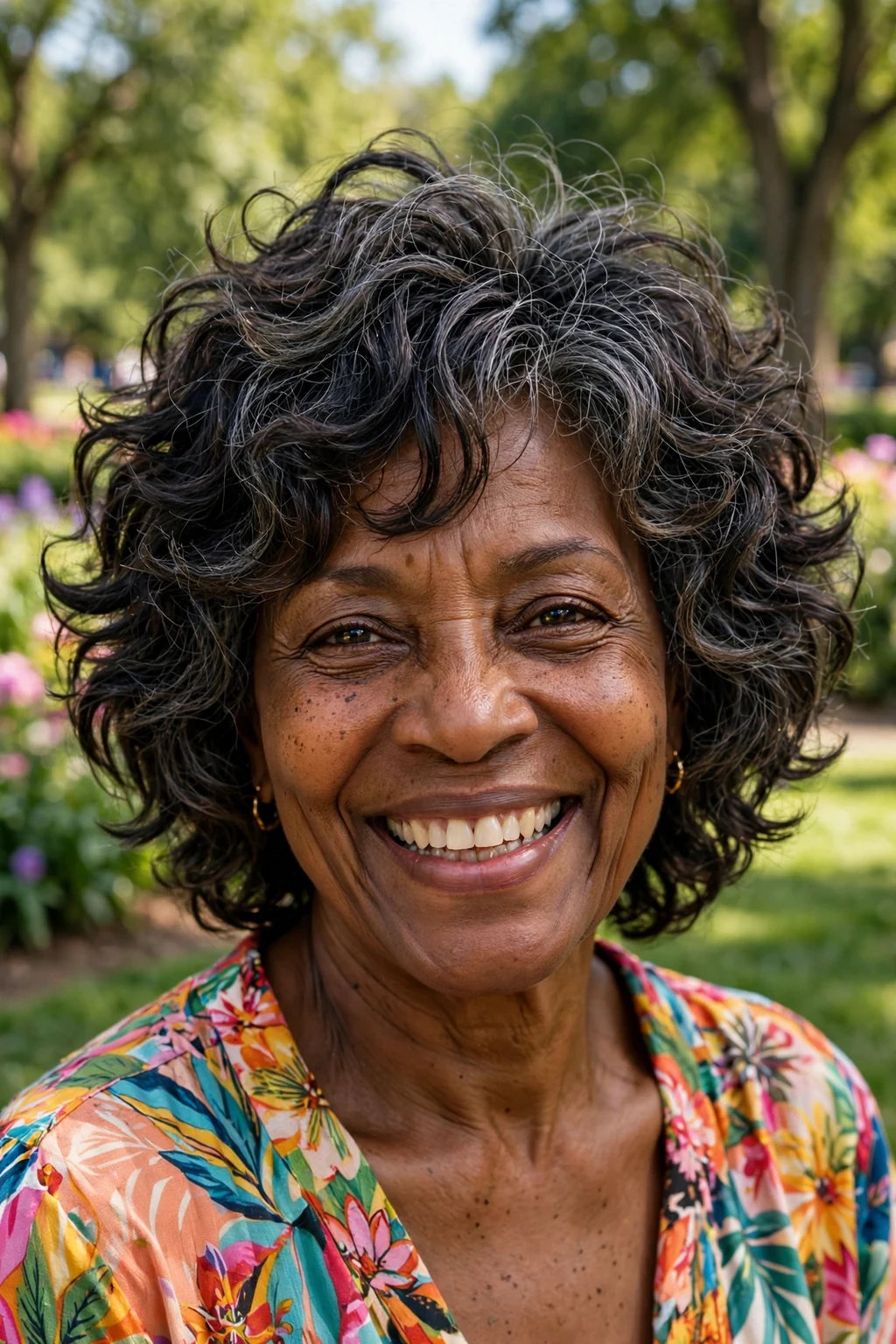 Beautiful woman over 60 with curly shag, bouncy curly shag, vibrant light.