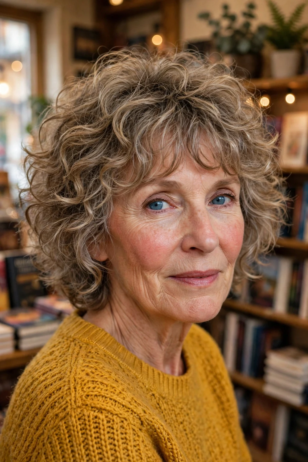 A woman in her mid-60s with a curly shag and soft curly bangs, wearing a mustard-yellow sweater in a bookstore.