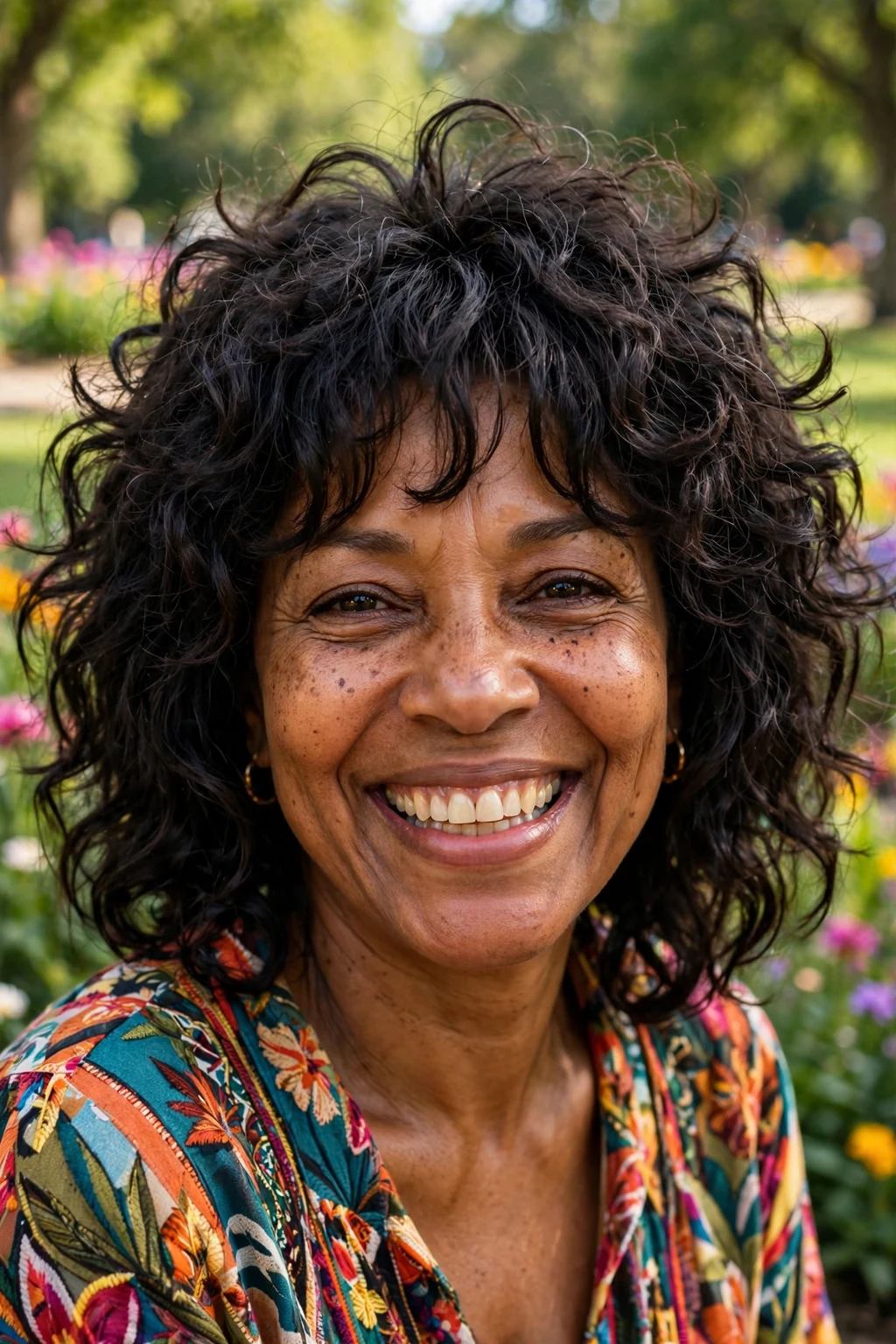Beautiful woman over 50 with curly shag, bouncy curly shag, vibrant light.