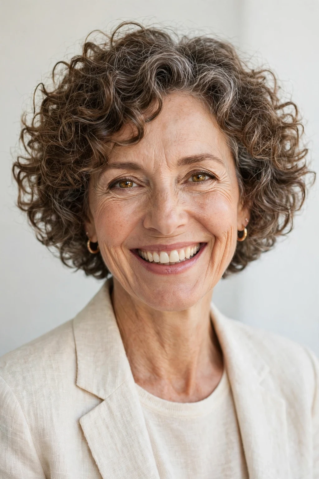 Elegant woman over 50 with curly short bob, bouncy joyful curls, bright light.
