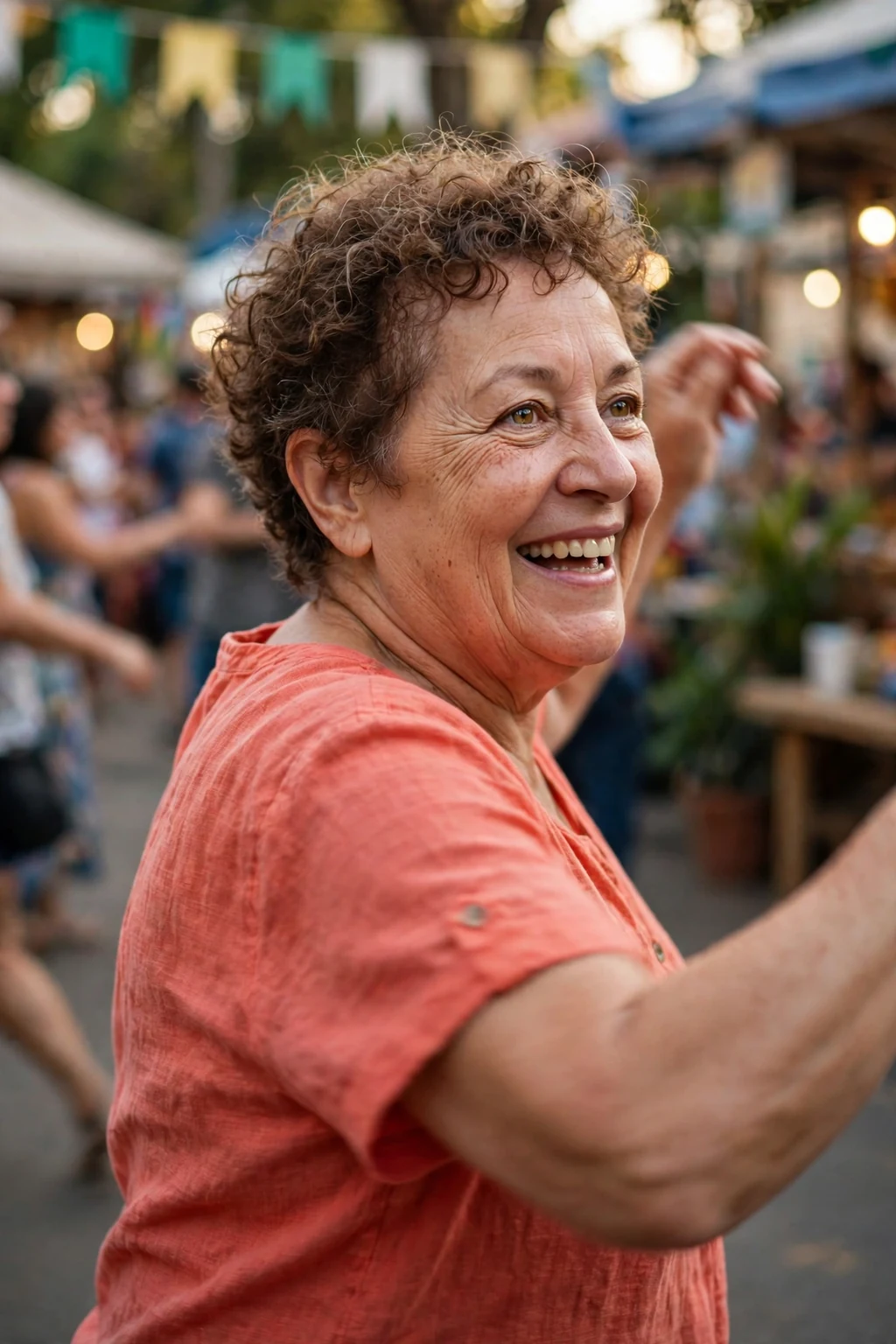 Mature woman over 50 with a curly short crop haircut for fine thin hair, styled and full of volume.