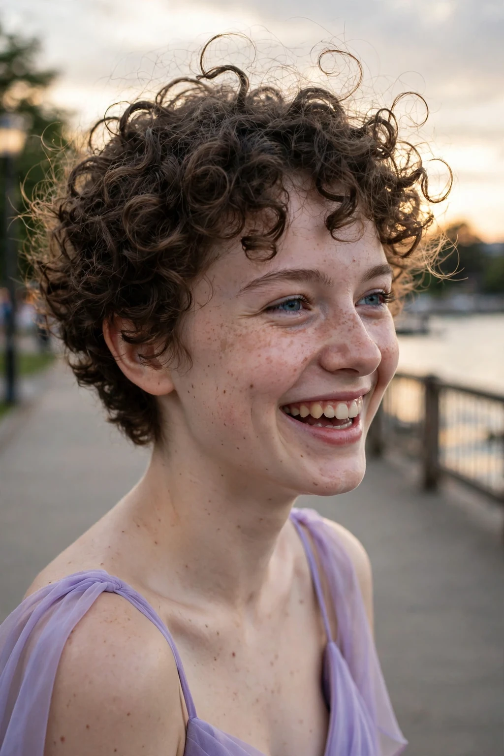 Young woman aged 18 to 20 with curly short crop hairstyle for prom, a lakeside promenade at sunset.