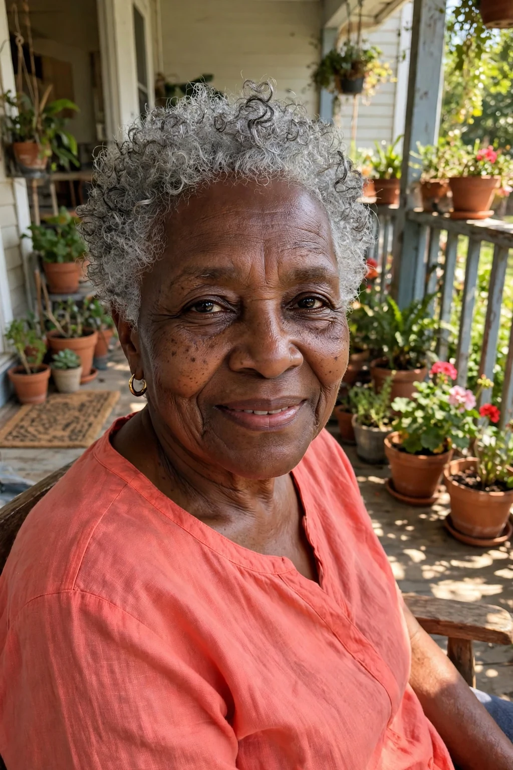 An older woman with a curly short crop, wearing a coral top on a sunny porch.