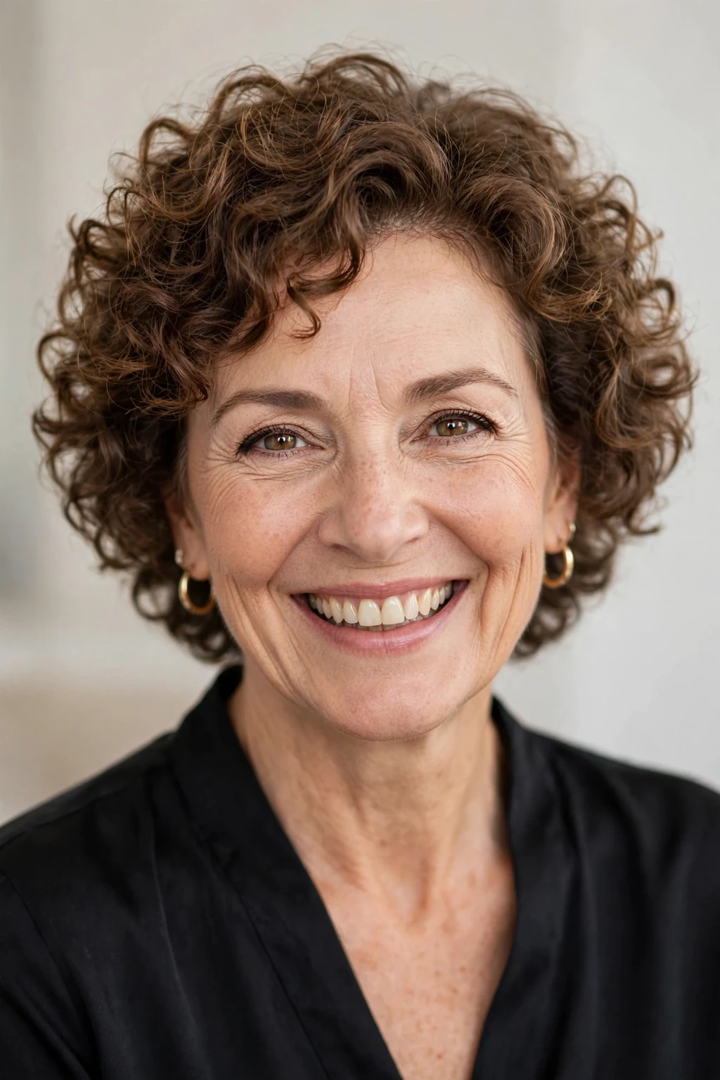 Elegant woman over 50 with curly short cut, bouncy joyful curls, bright light.
