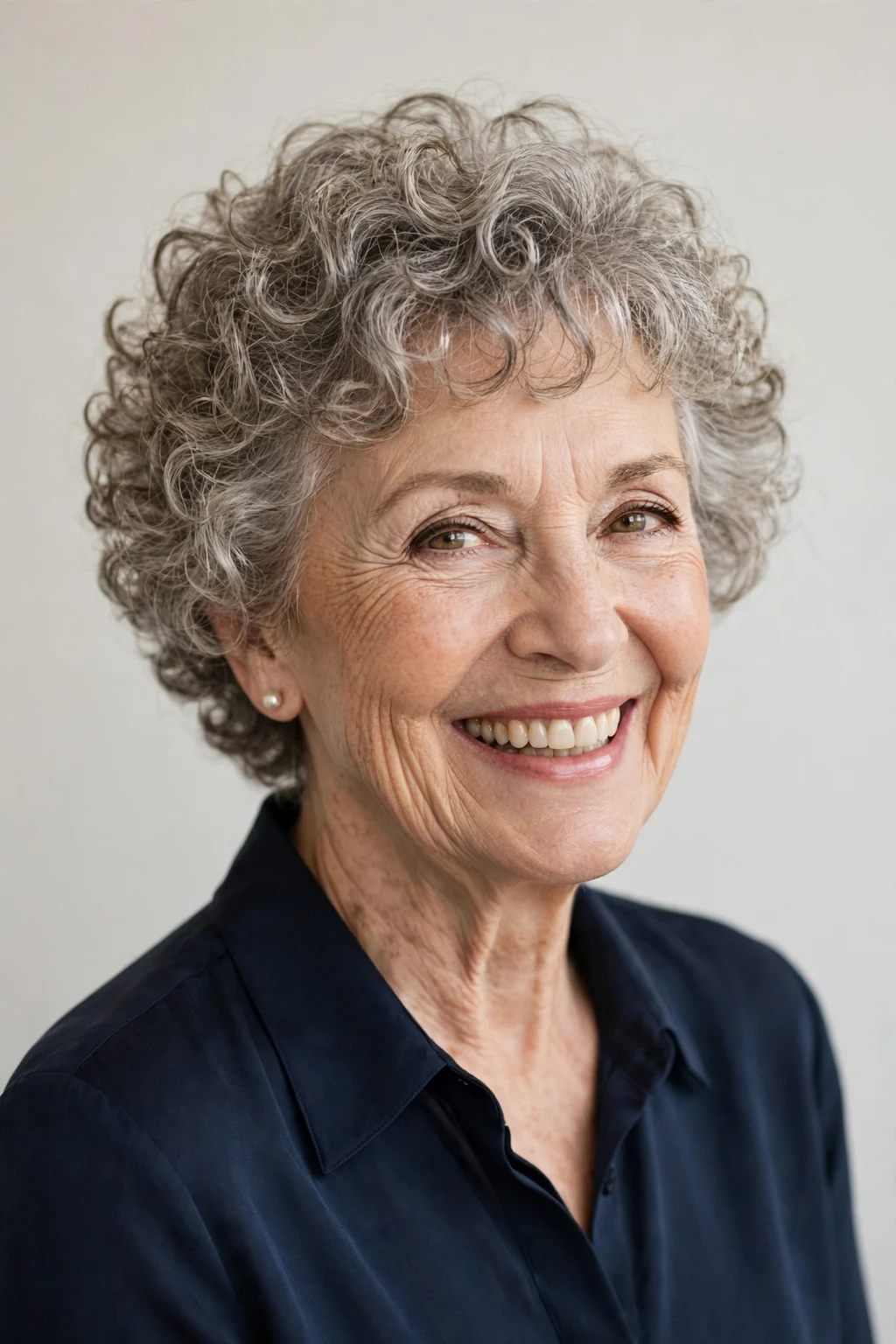 Elegant woman over 60 with curly short cut, bouncy joyful curls, bright light.