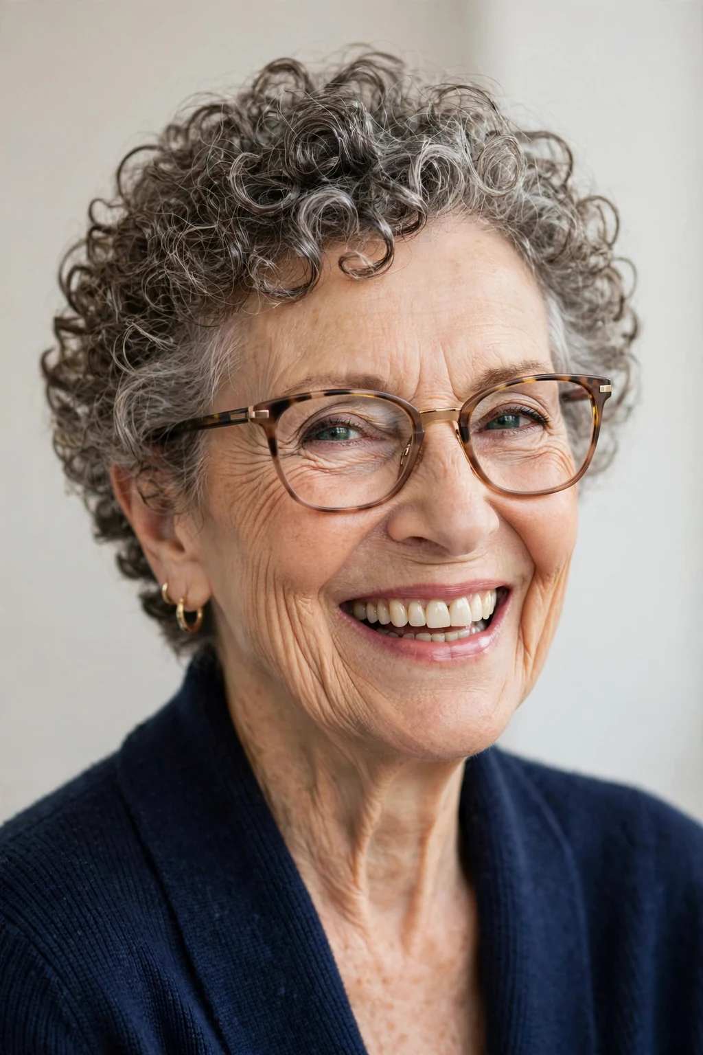 Elegant woman over 70 with glasses and curly short cut, bouncy joyful curls, bright light.