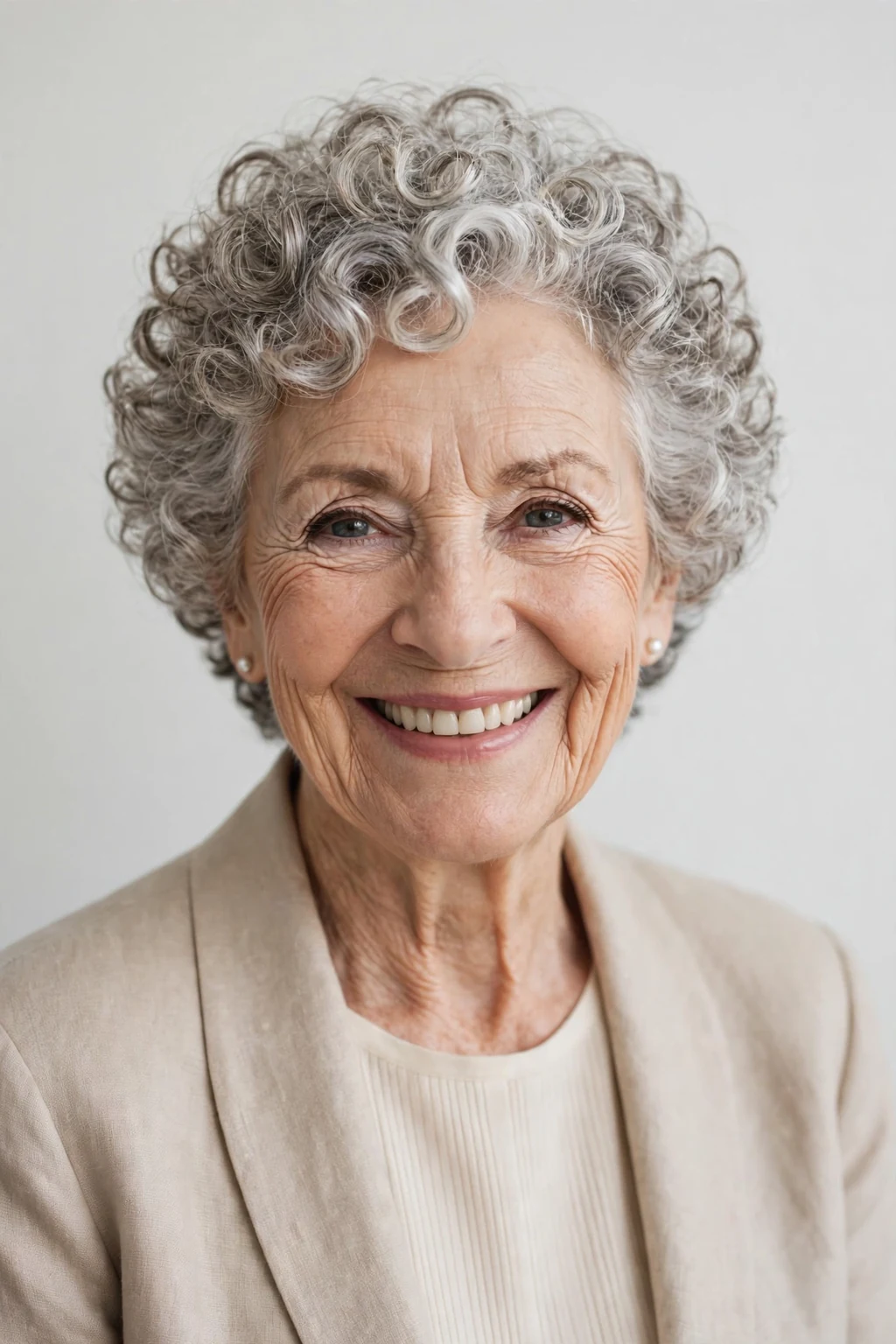 Elegant woman over 70 with curly short cut, soft joyful curls, bright light.