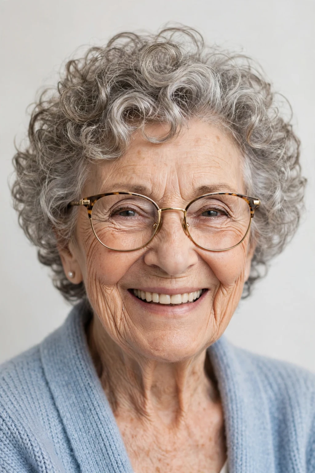 Elegant woman over 80 with glasses and curly short cut, bouncy joyful curls, bright light.