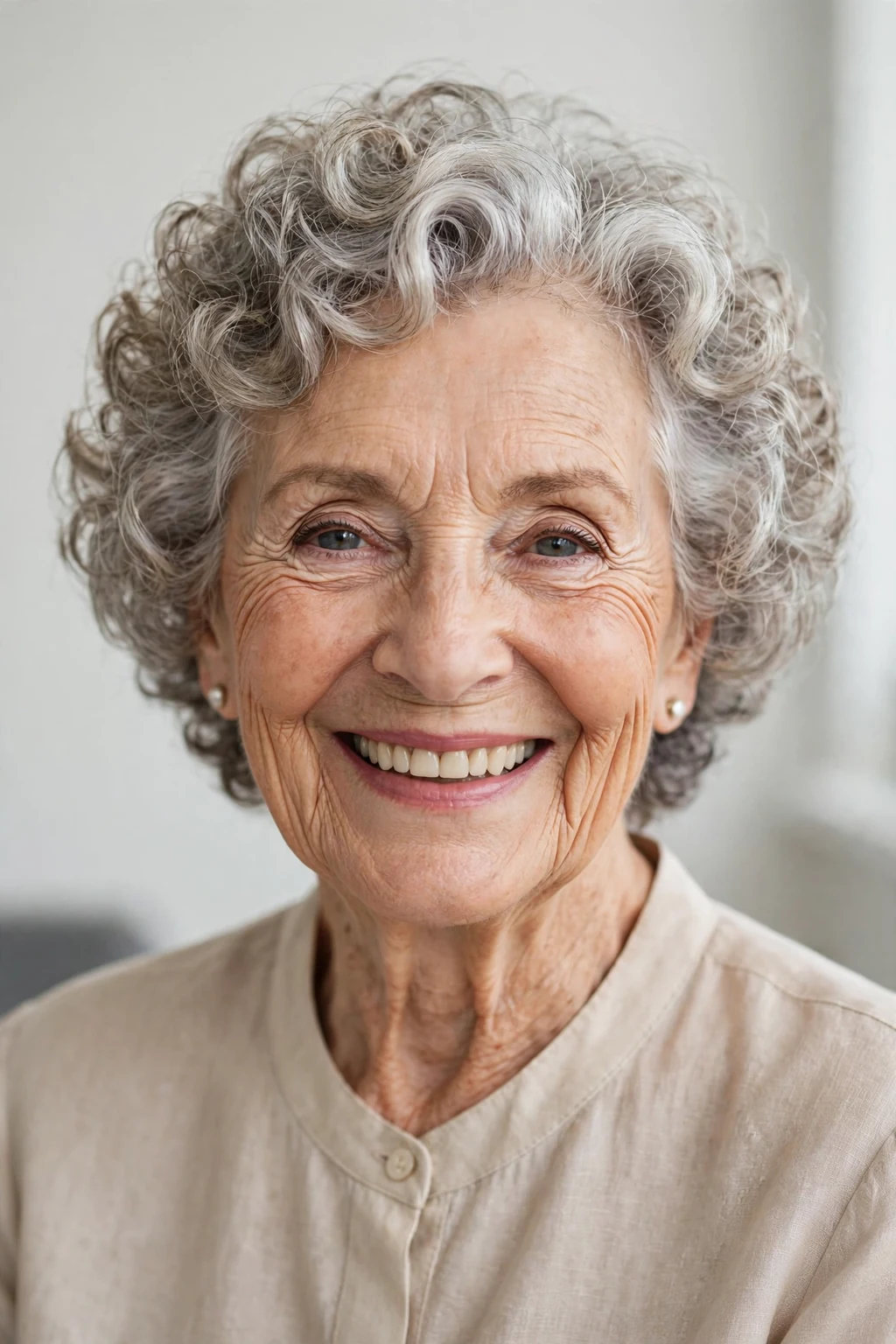 Elegant woman over 80 with curly short cut, soft joyful curls, bright light.