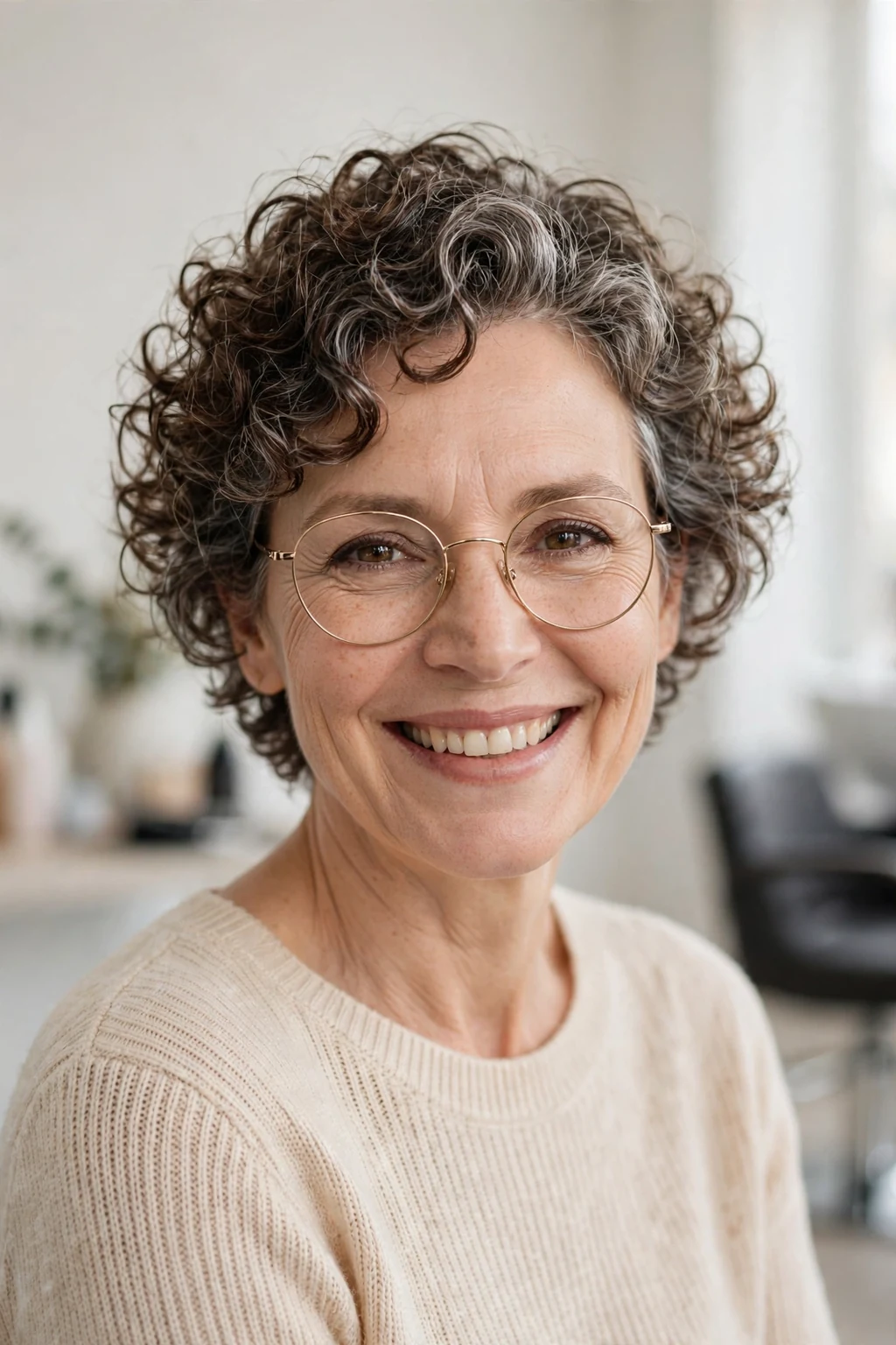 Elegant woman over 50 with glasses and curly short cut, soft joyful curls, bright light.