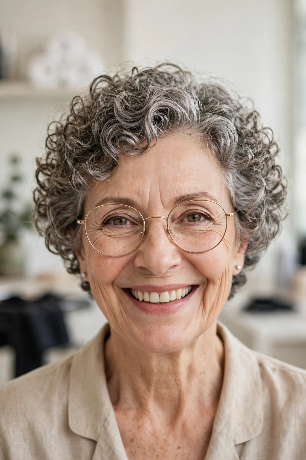 Elegant woman over 60 with glasses and curly short cut, soft joyful curls, bright light.