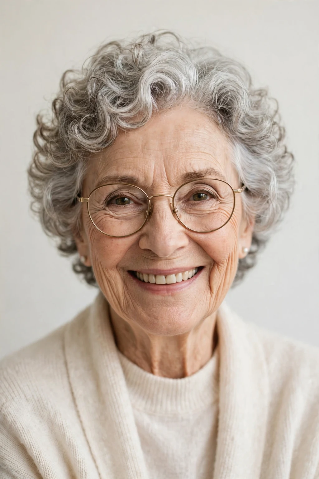 Elegant woman over 70 with glasses and curly short cut, soft joyful curls, bright light.