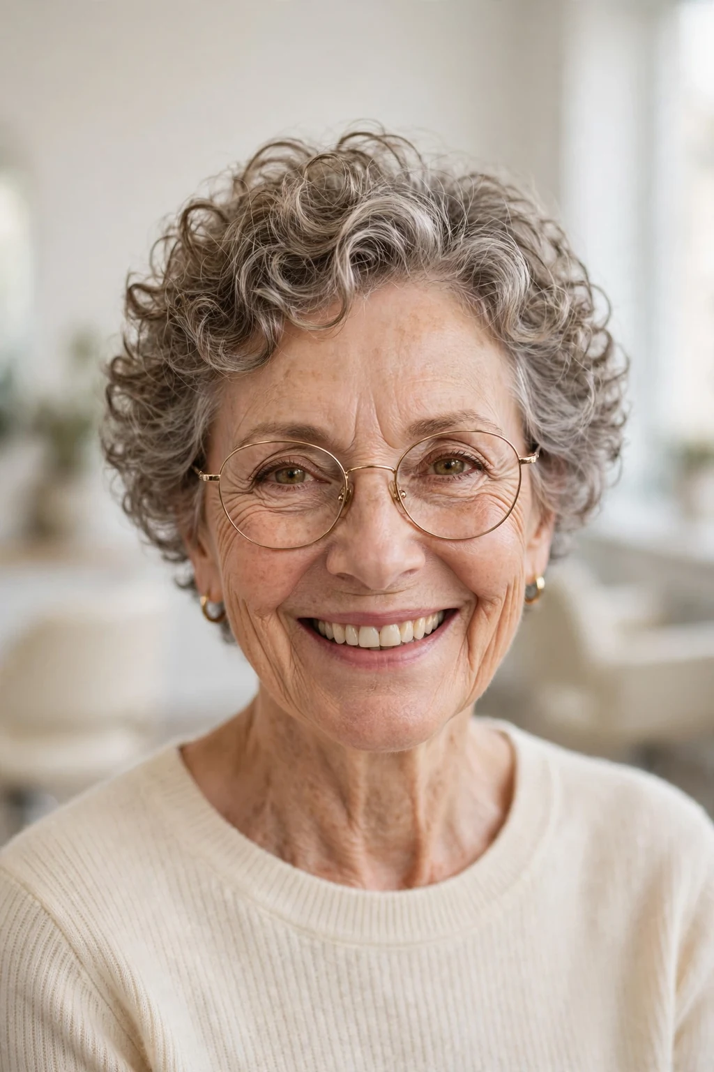 Elegant woman over 60 with fine hair and glasses and curly short cut, soft joyful curls, bright light.