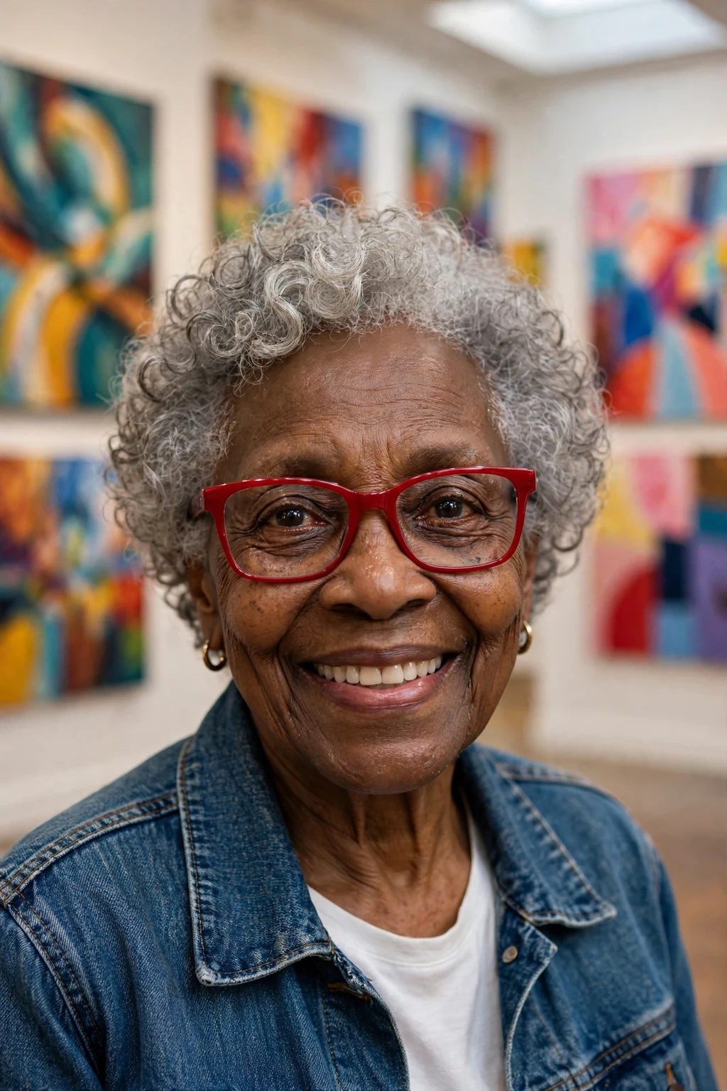 Elegant older woman over 70 with fine hair and glasses and curly short cut, soft joyful curls, bright light.