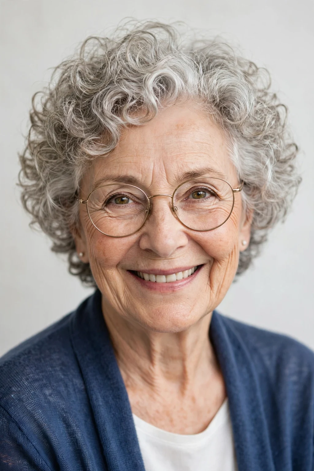 Elegant older woman with glasses and curly short cut, soft joyful curls, bright light.