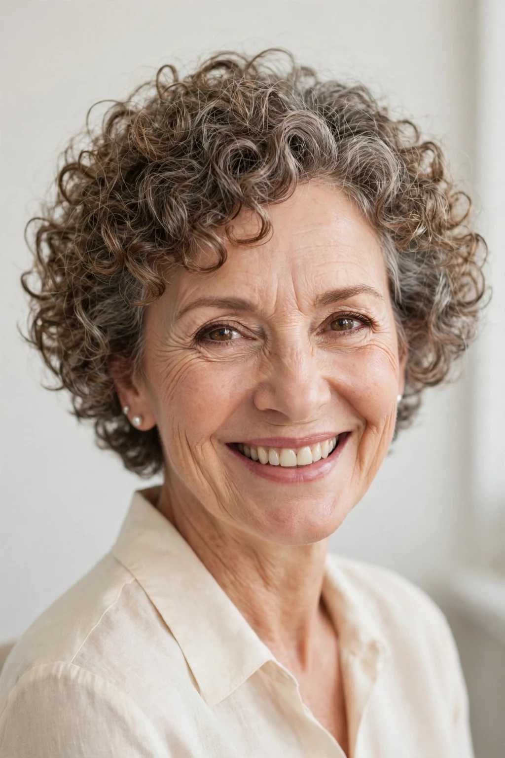 Elegant older woman over 50 with curly short cut, bouncy joyful curls, bright light.